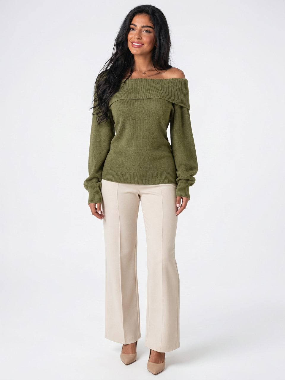 Pull Tricot Épaule Découverte Rabattu Côtelé Manches Longues - Gris S