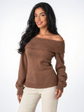 Pull Tricot Épaule Découverte Rabattu Côtelé Manches Longues - Marron S