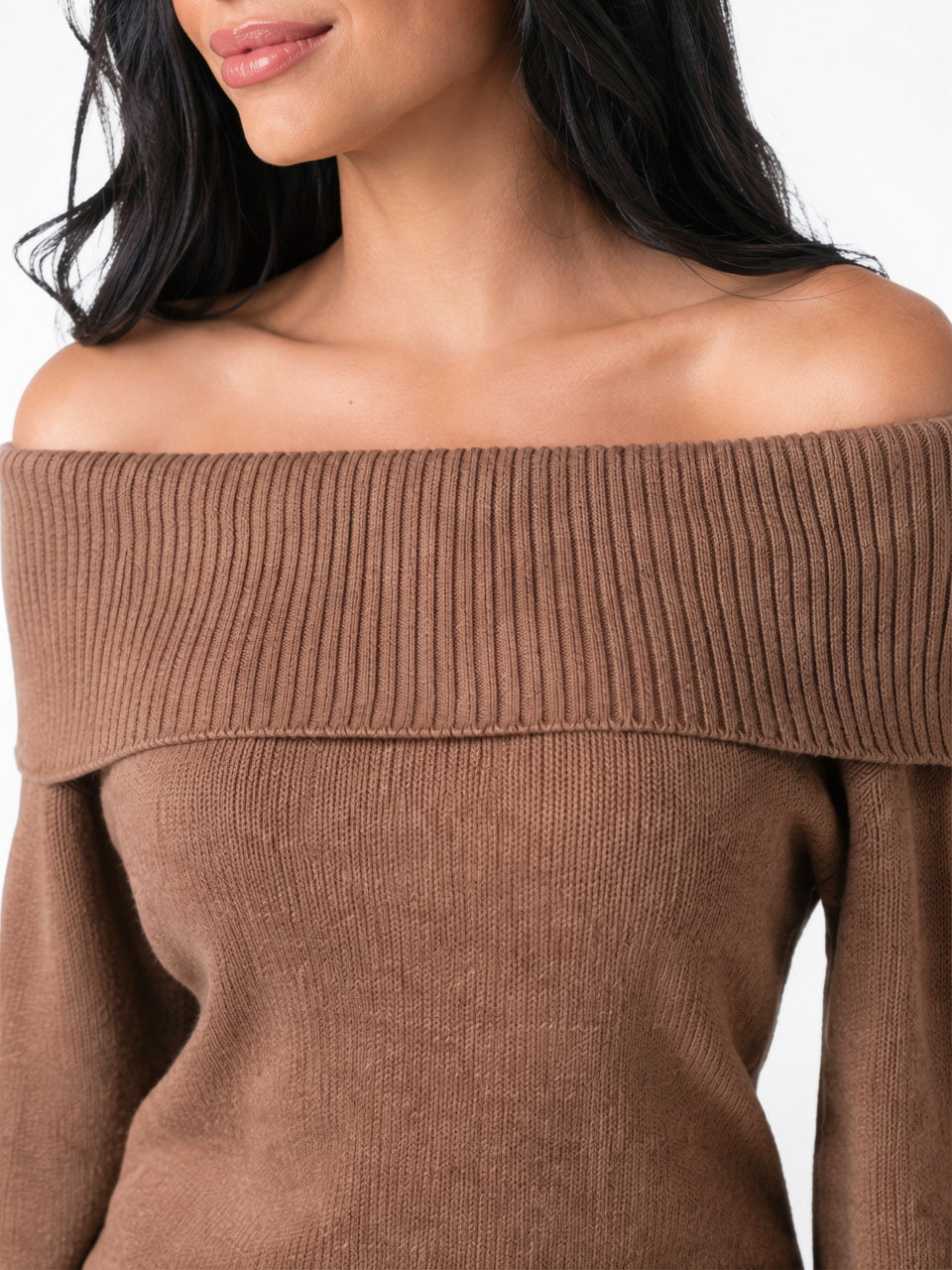 Pull Tricot Épaule Découverte Rabattu Côtelé Manches Longues - Rouge S