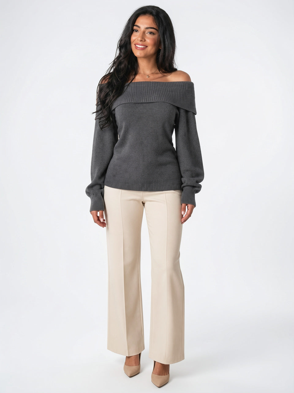 Pull Tricot Épaule Découverte Rabattu Côtelé Manches Longues - Vert S