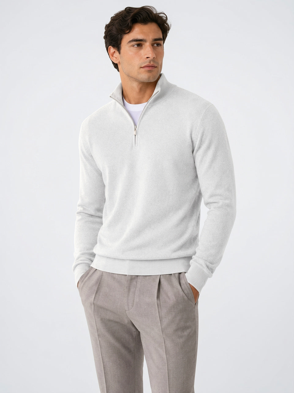 Pull Tricot Zippé Léger Pull-over Chaud Col Montant - Blanc S