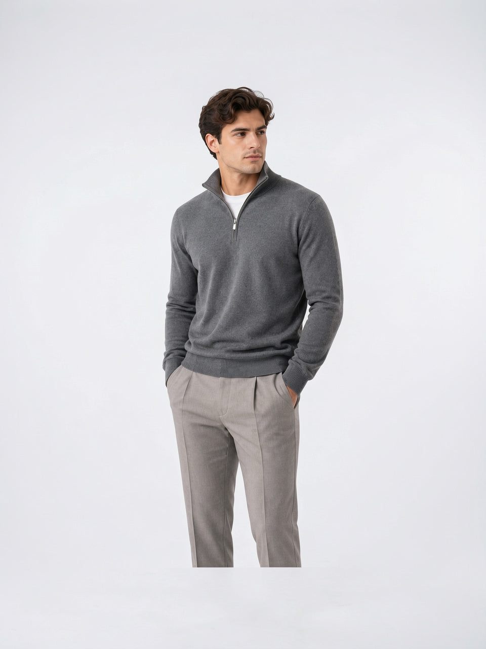 Pull Tricot Zippé Léger Pull-over Chaud Col Montant - Gris S