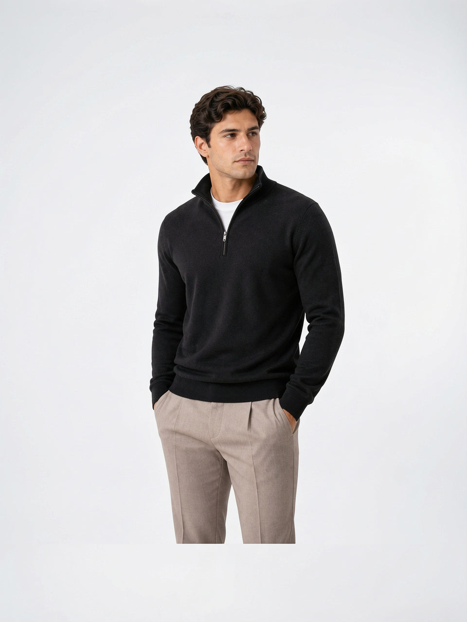 Pull Tricot Zippé Léger Pull-over Chaud Col Montant - Noir S