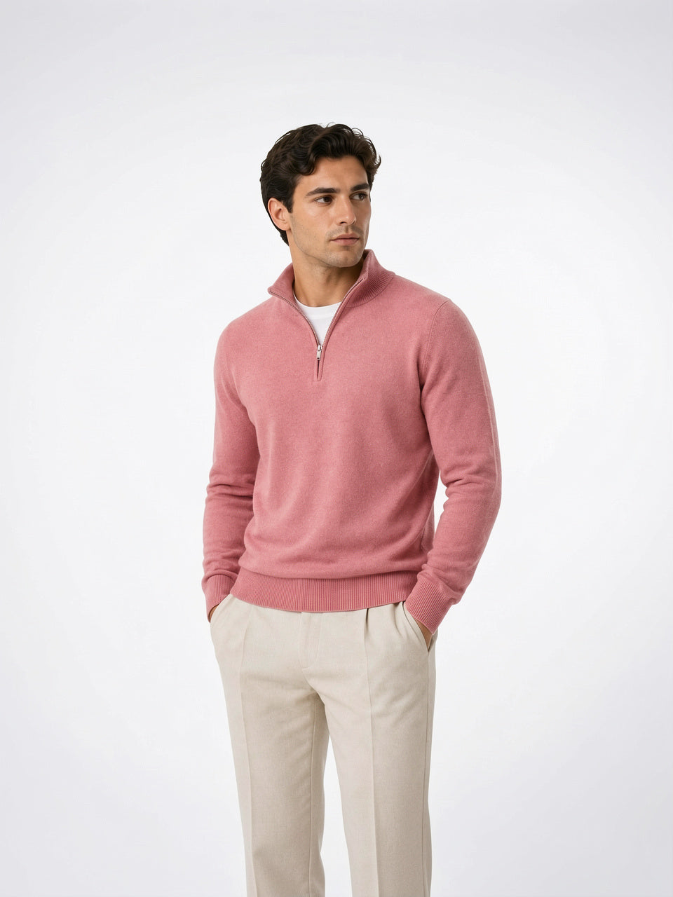 Pull Tricot Zippé Léger Pull-over Chaud Col Montant - Rose S