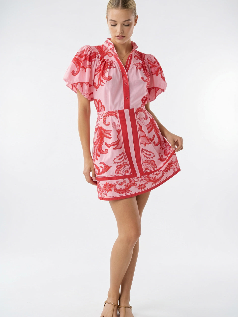 Robe 2 Pièces Lin Floral Manches Ballon Été - 1