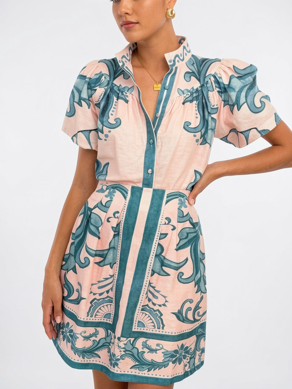 Robe 2 Pièces Lin Floral Manches Ballon Été - 14