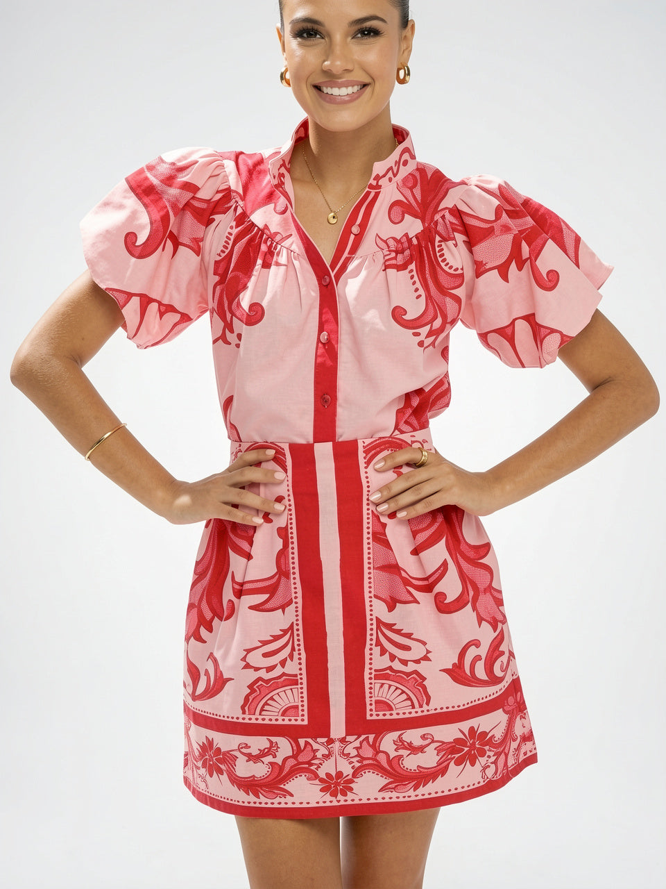Robe 2 Pièces Lin Floral Manches Ballon Été - 19