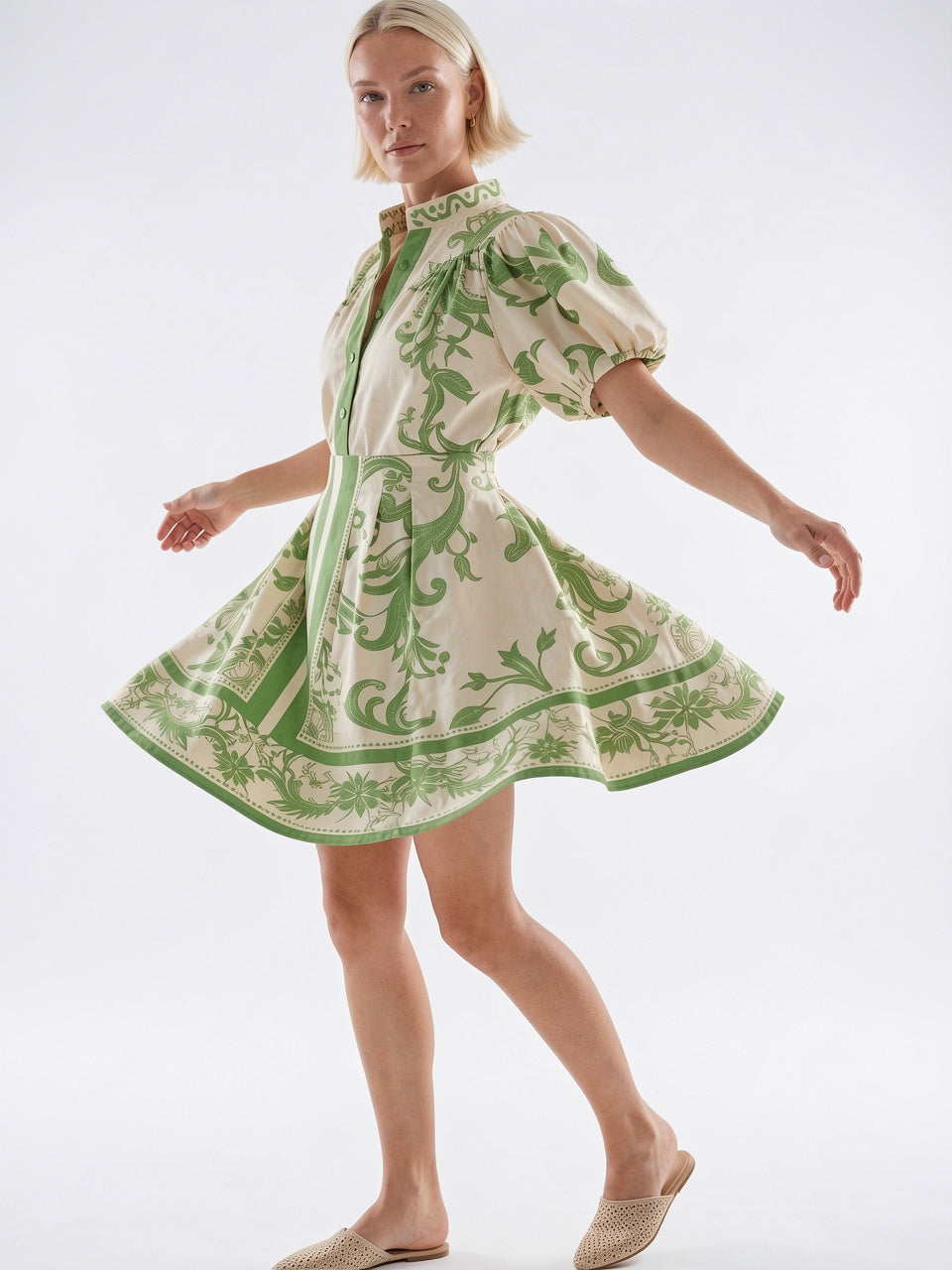 Robe 2 Pièces Lin Floral Manches Ballon Été - 3
