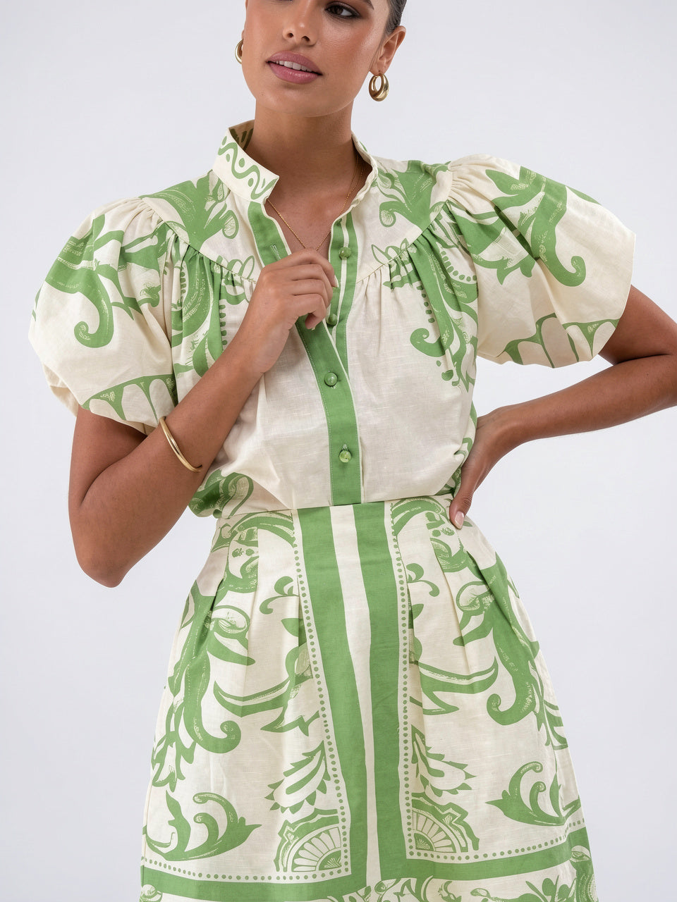 Robe 2 Pièces Lin Floral Manches Ballon Été - 30