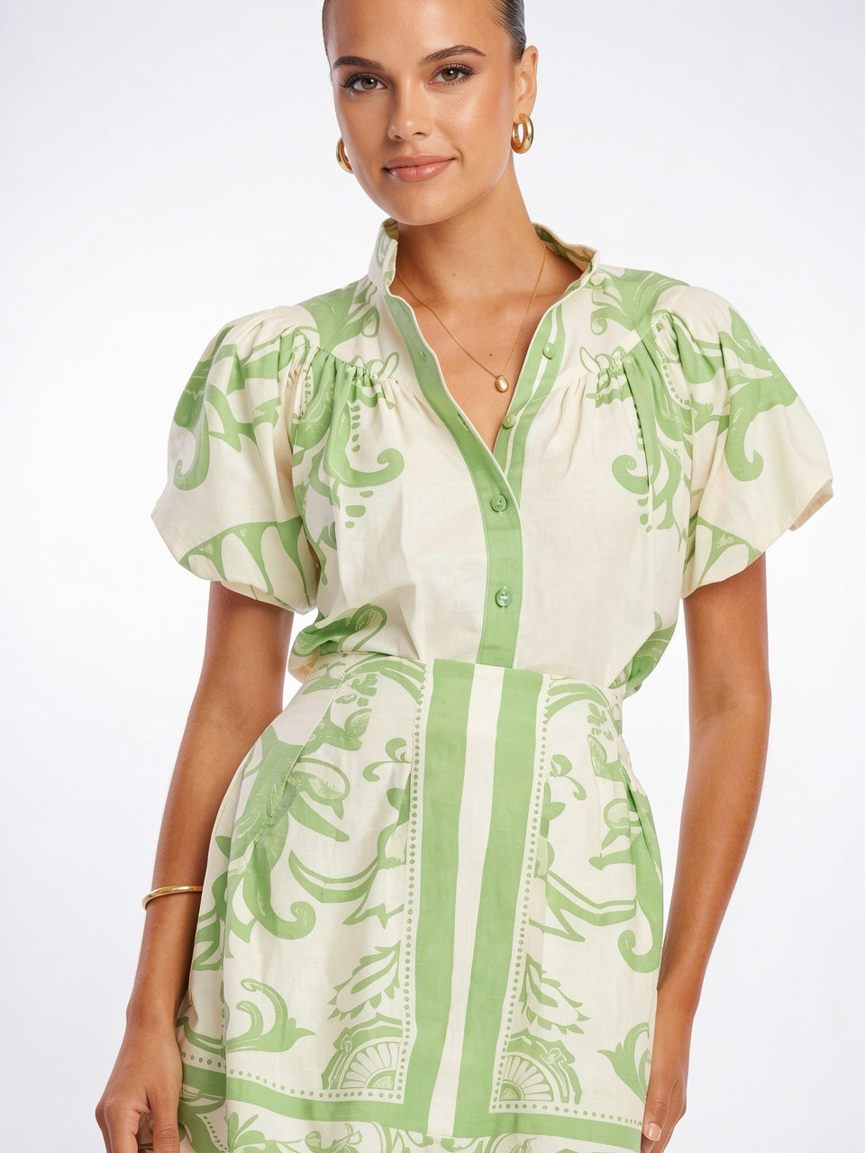 Robe 2 Pièces Lin Floral Manches Ballon Été - 31