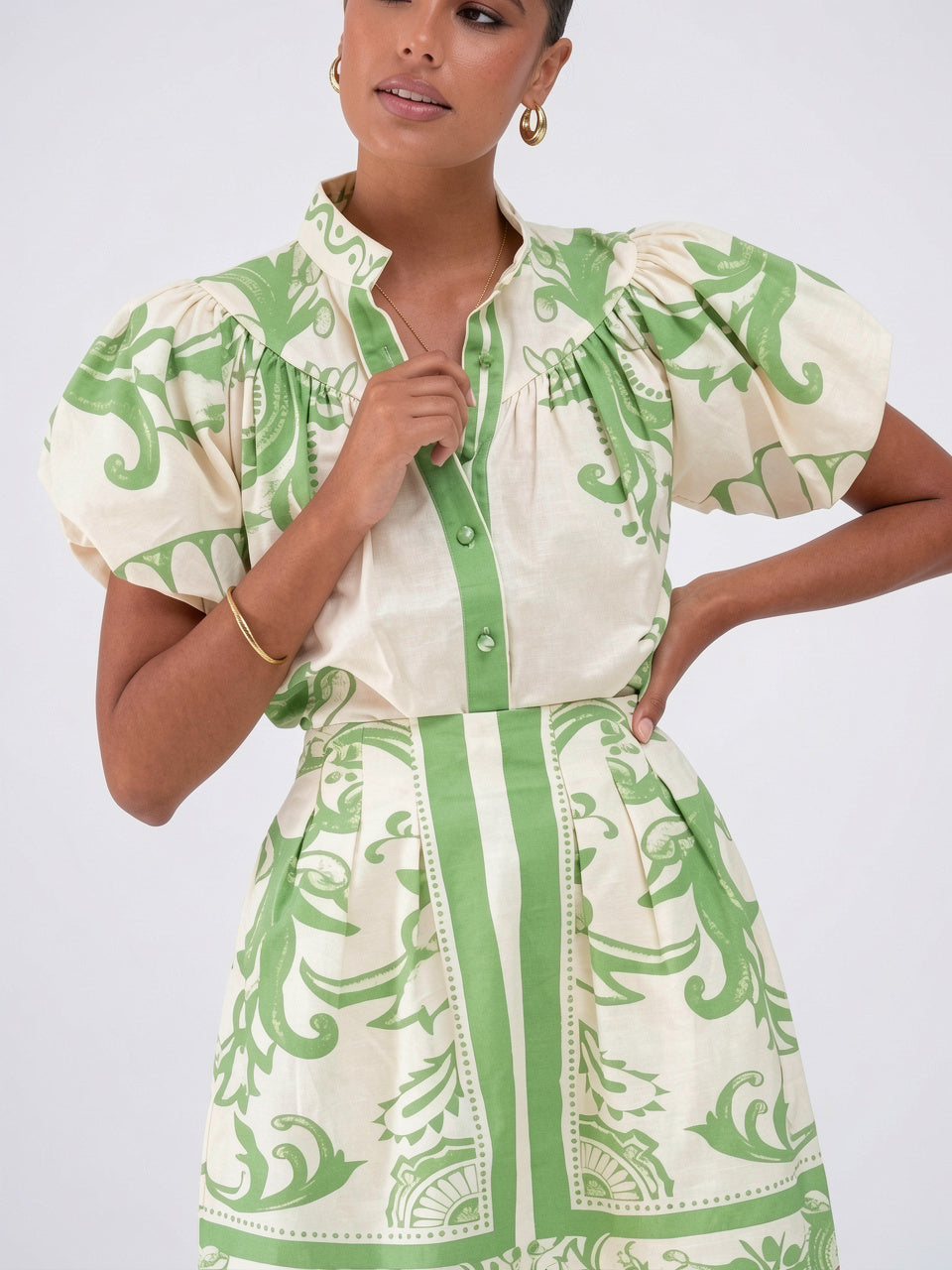 Robe 2 Pièces Lin Floral Manches Ballon Été - 36