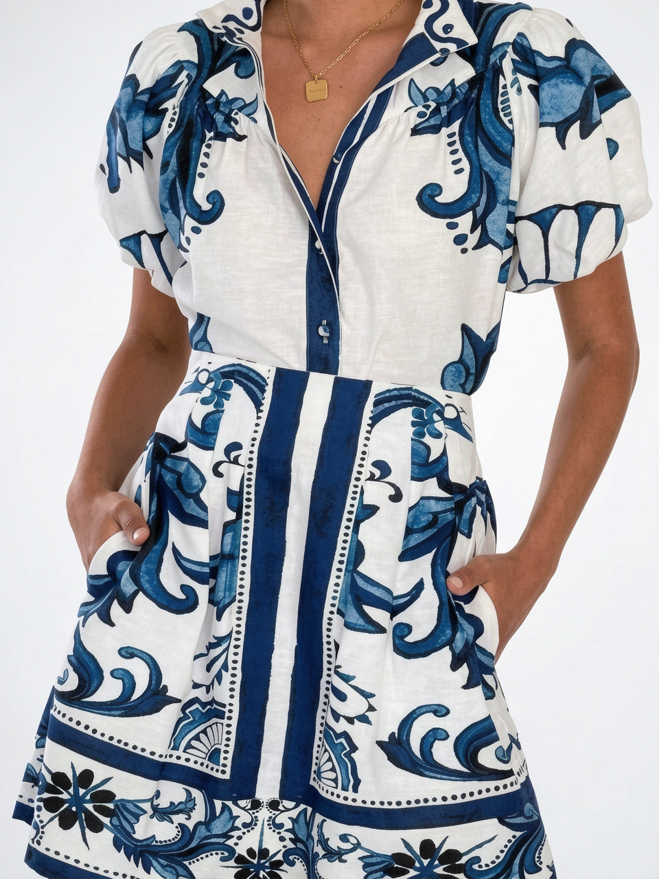 Robe 2 Pièces Lin Floral Manches Ballon Été - 37