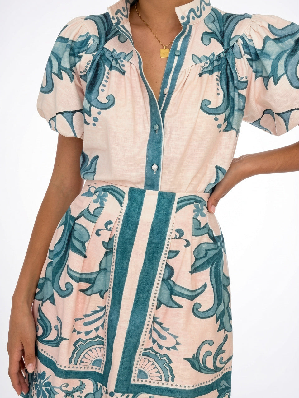 Robe 2 Pièces Lin Floral Manches Ballon Été - 38