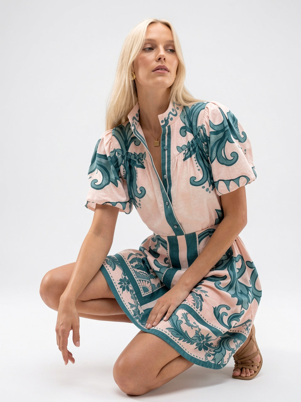 Robe 2 Pièces Lin Floral Manches Ballon Été - 7