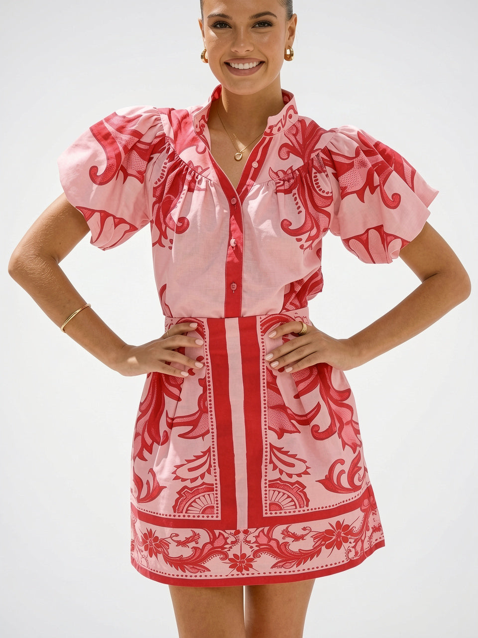 Robe 2 Pièces Lin Floral Manches Ballon Été - 9