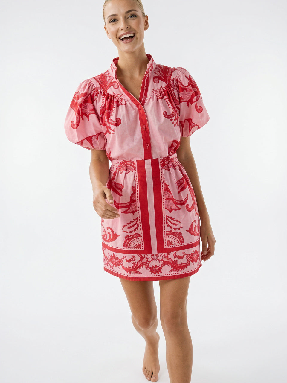 Robe 2 Pièces Lin Floral Manches Ballon Été - Rouge EU 34 / US 2 / UK 6