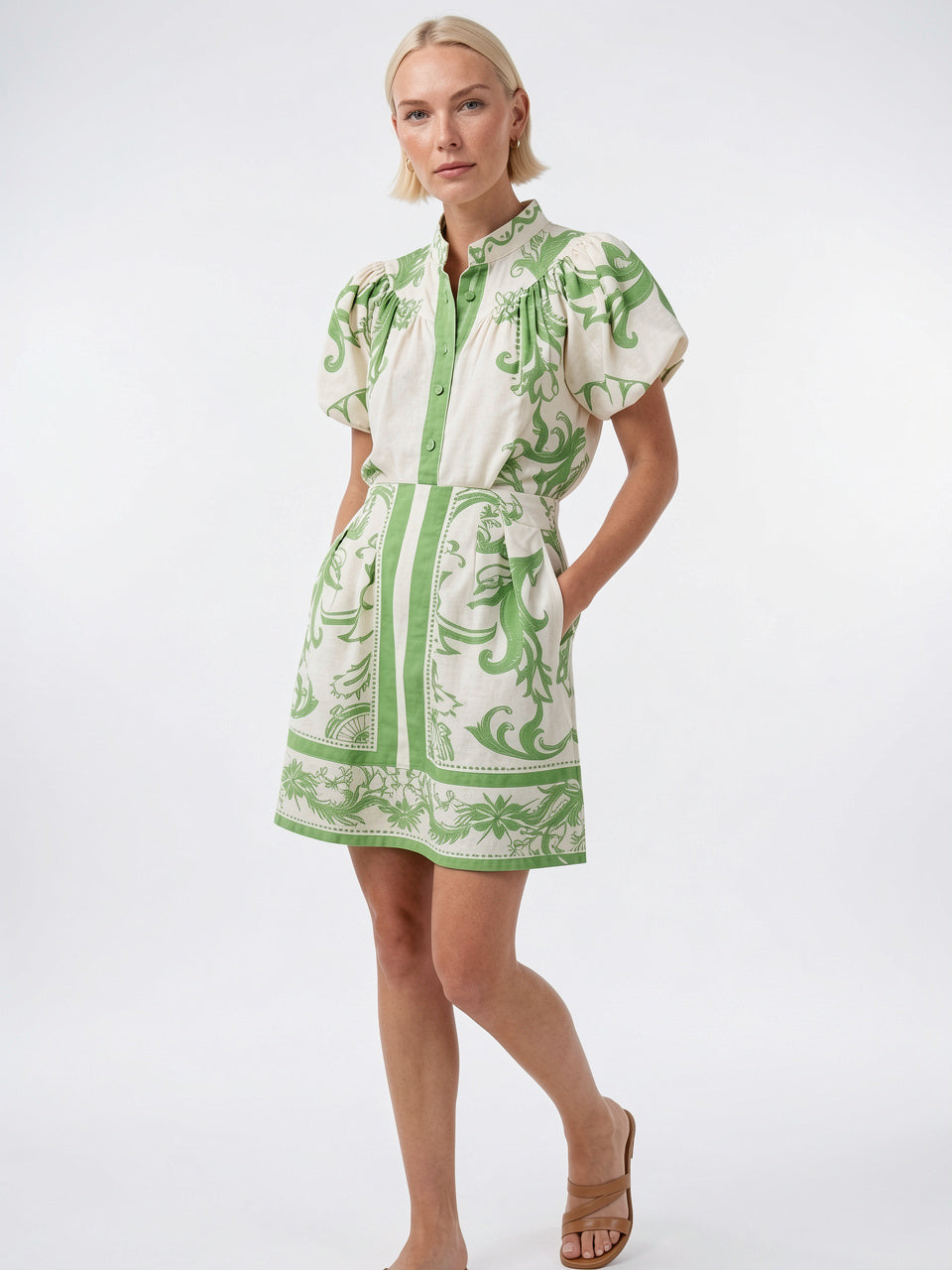 Robe 2 Pièces Lin Floral Manches Ballon Été - Vert Lime EU 34 / US 2 / UK 6