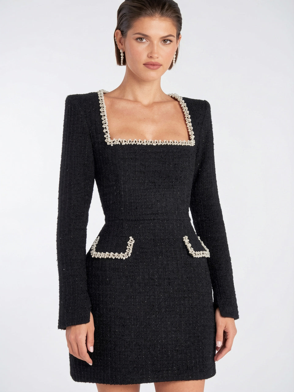 Robe Blazer Mini Tweed Perles Soirée Ajustée - 9
