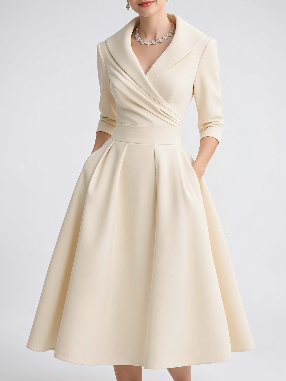 Robe Cocktail Vintage Trapèze Croisée Plissée Midi - Beige EU 34 / US 2 / UK 6