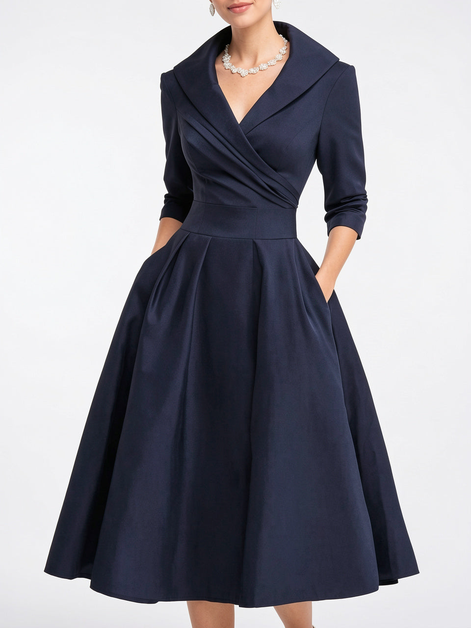 Robe Cocktail Vintage Trapèze Croisée Plissée Midi - Bleu Marine EU 34 / US 2 / UK 6