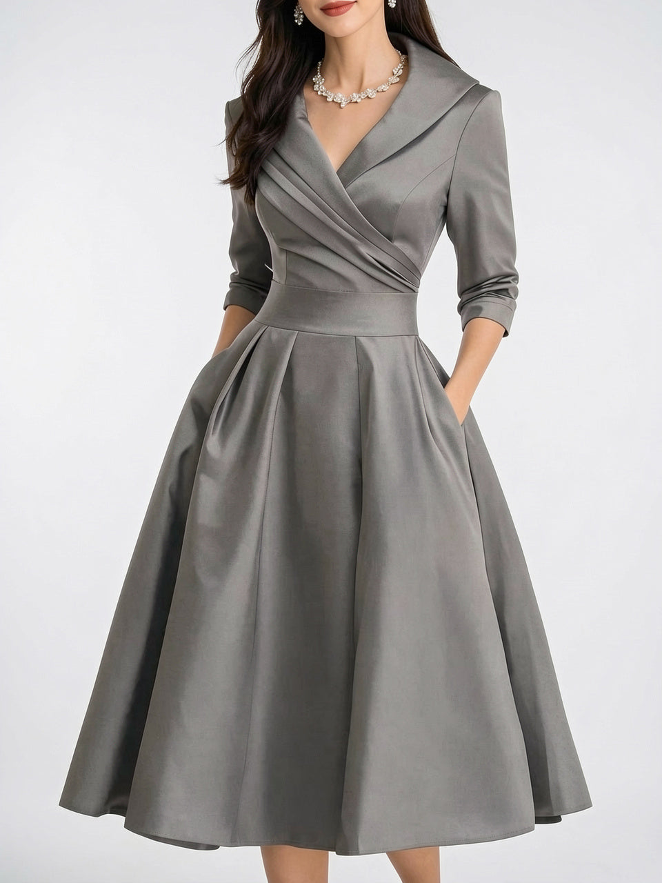 Robe Cocktail Vintage Trapèze Croisée Plissée Midi - Gris EU 34 / US 2 / UK 6