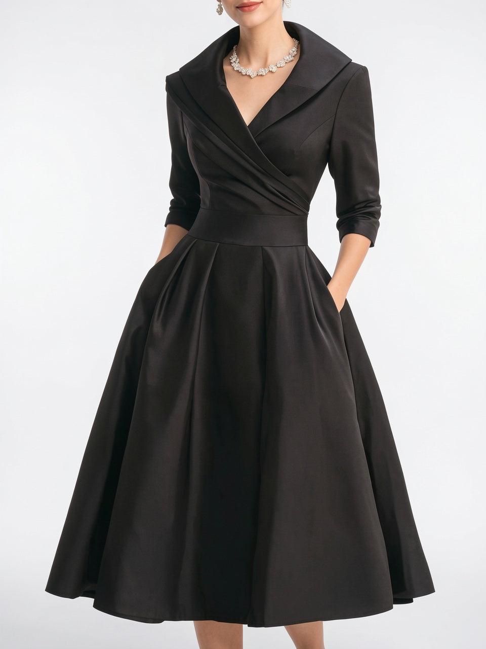 Robe Cocktail Vintage Trapèze Croisée Plissée Midi - Noir EU 34 / US 2 / UK 6