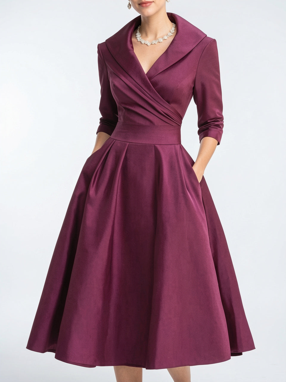 Robe Cocktail Vintage Trapèze Croisée Plissée Midi - Violet EU 34 / US 2 / UK 6