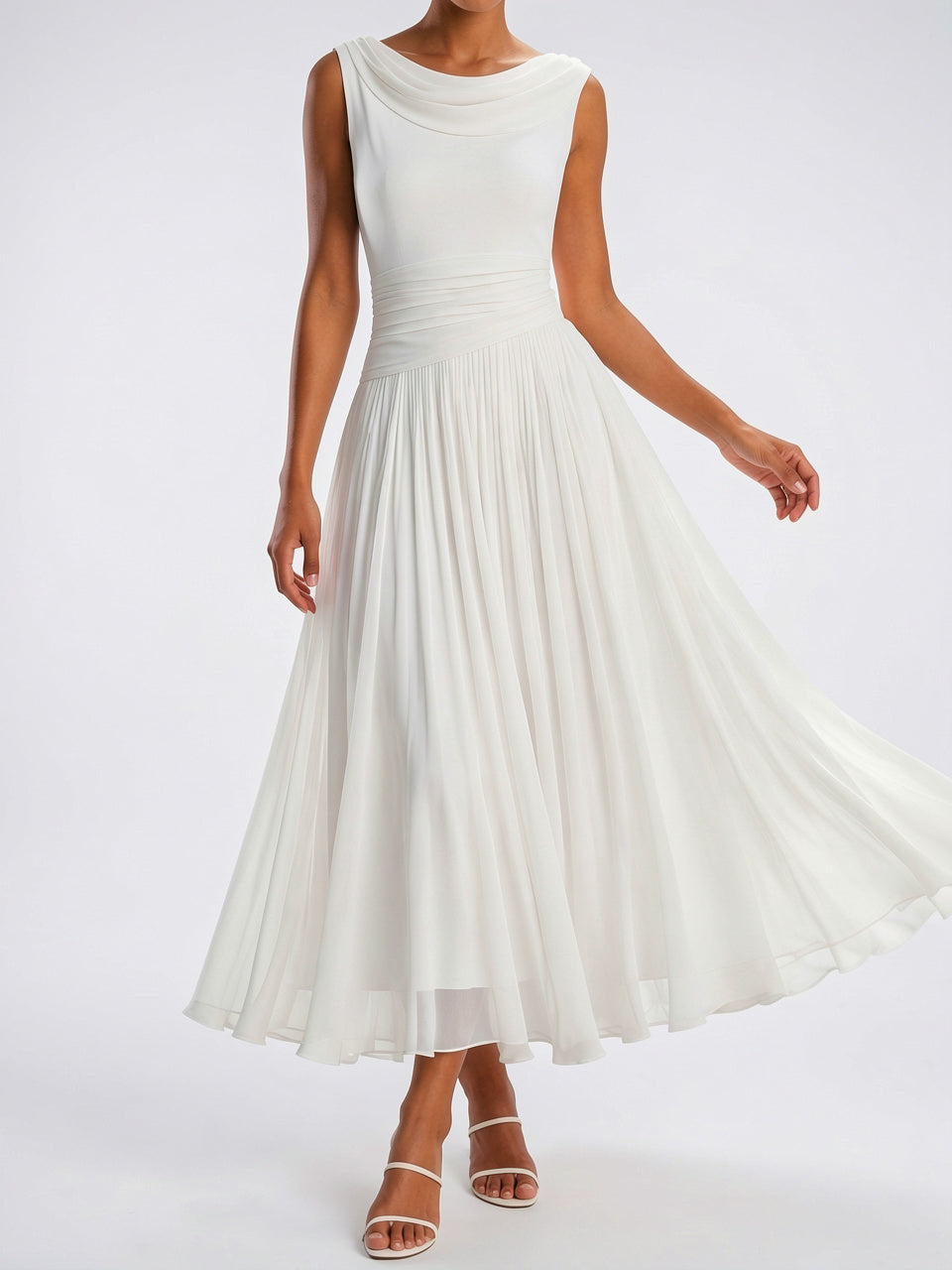 Robe Col Cowl Plissée Mi-Longue Cérémonie - Blanc EU 32 / US 0 / UK 4