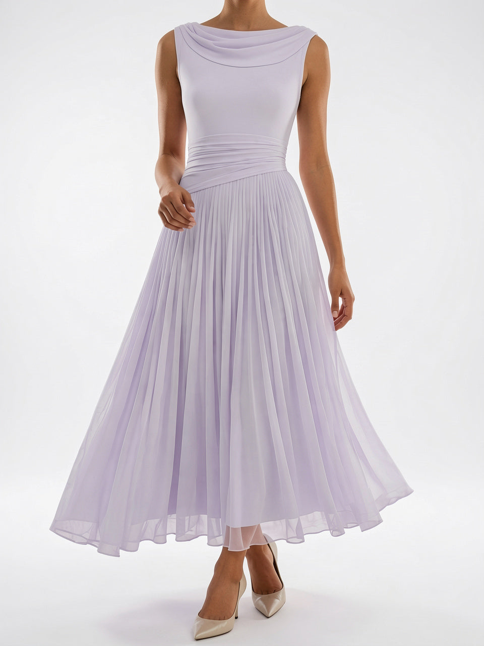 Robe Col Cowl Plissée Mi-Longue Cérémonie - Lavande EU 32 / US 0 / UK 4