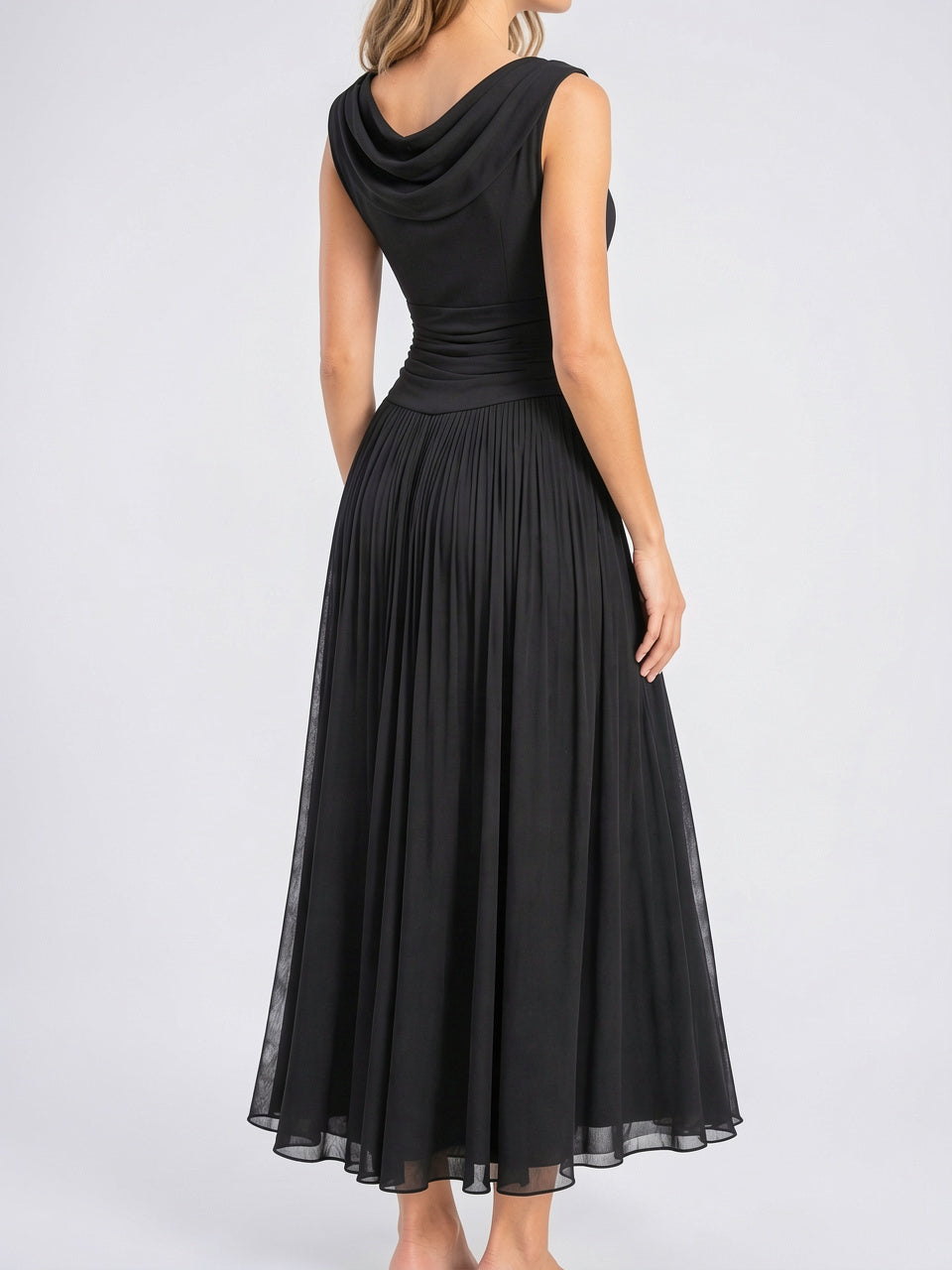 Robe Col Cowl Plissée Mi-Longue Cérémonie - Noir EU 32 / US 0 / UK 4
