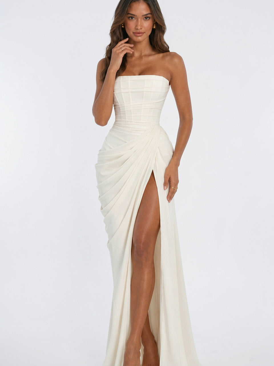 Robe Corset Sans Bretelles Soirée Drapée Fente Formelle - Blanc S