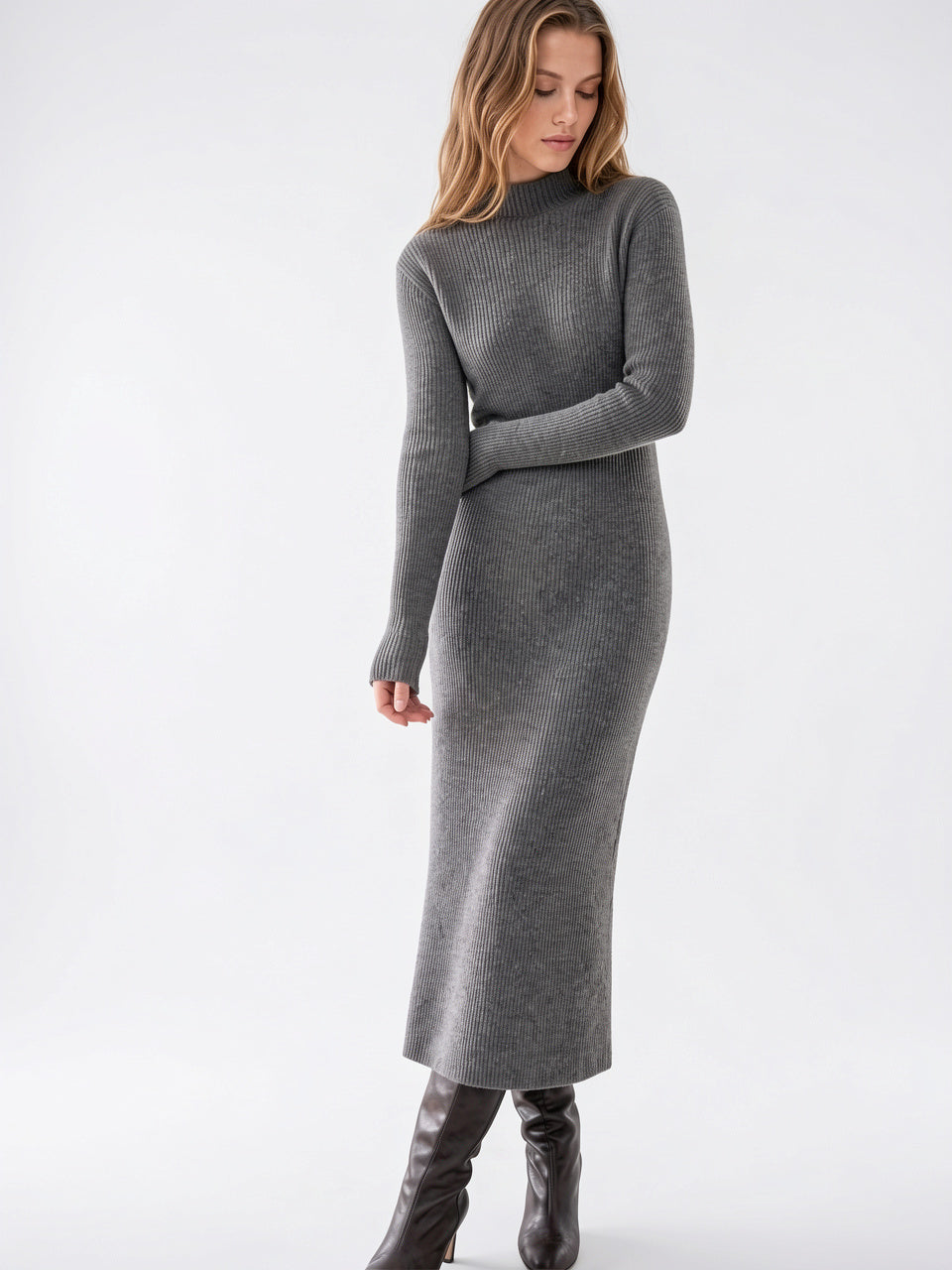 Robe Laine Maille Col Montant Longue Femme - 7