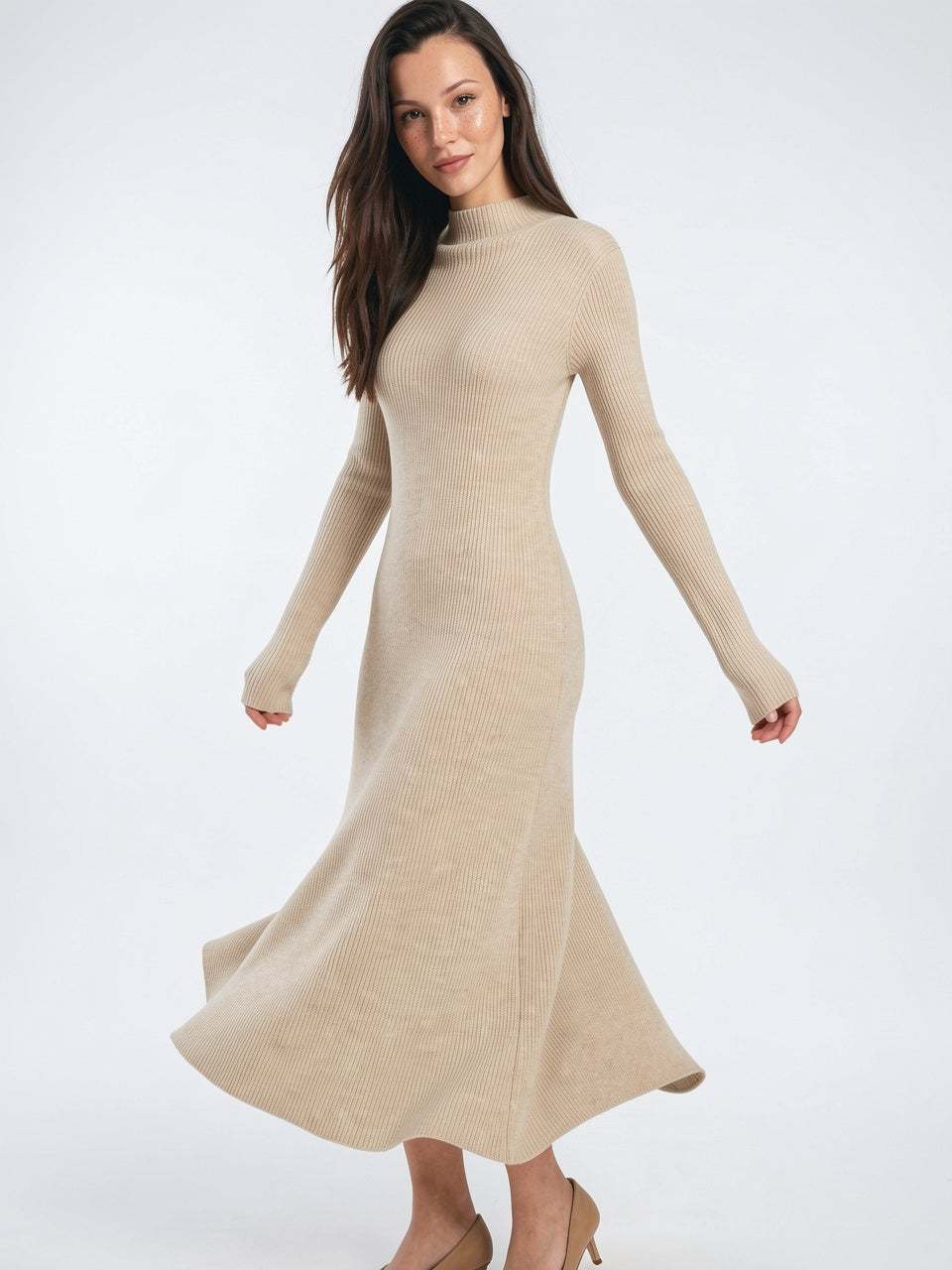 Robe Laine Maille Col Montant Longue Femme - Beige EU 34 / US 2 / UK 6