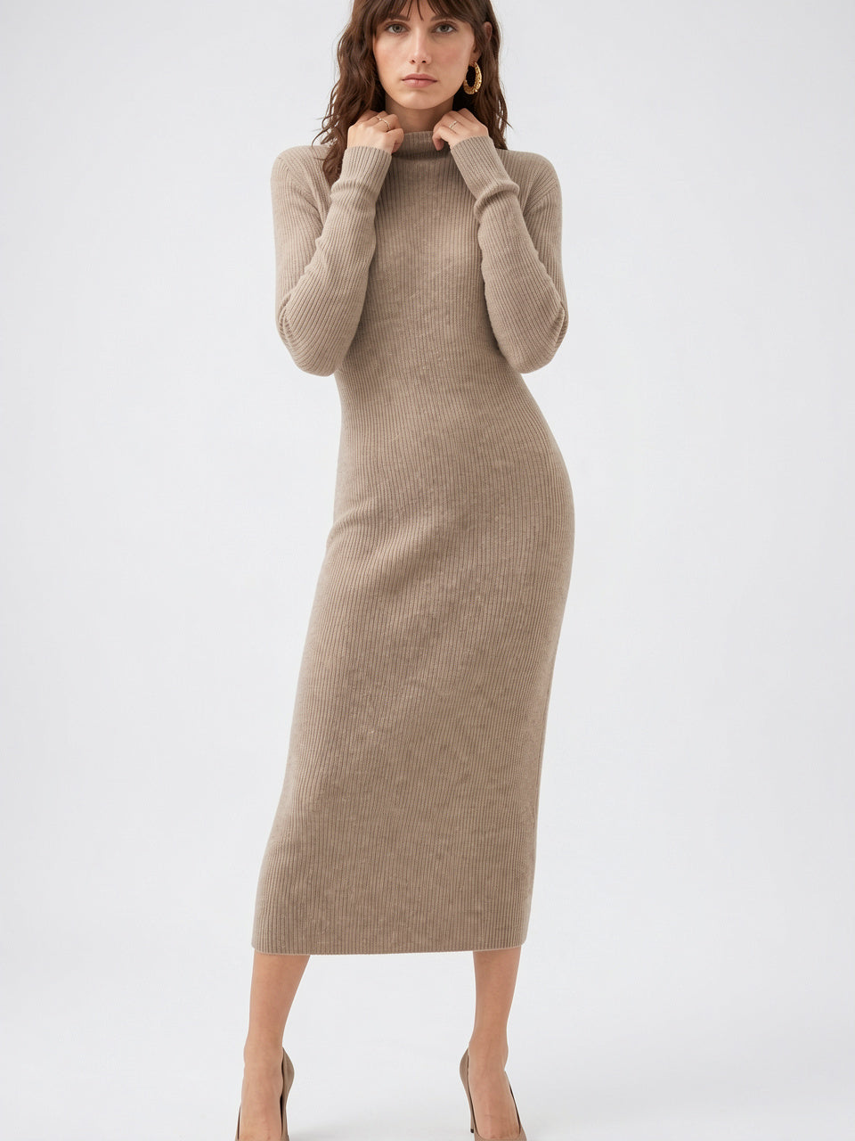 Robe Laine Maille Col Montant Longue Femme - Camel EU 34 / US 2 / UK 6