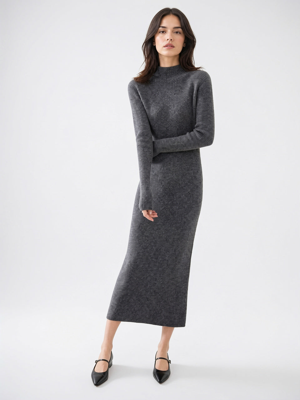 Robe Laine Maille Col Montant Longue Femme - Gris EU 34 / US 2 / UK 6