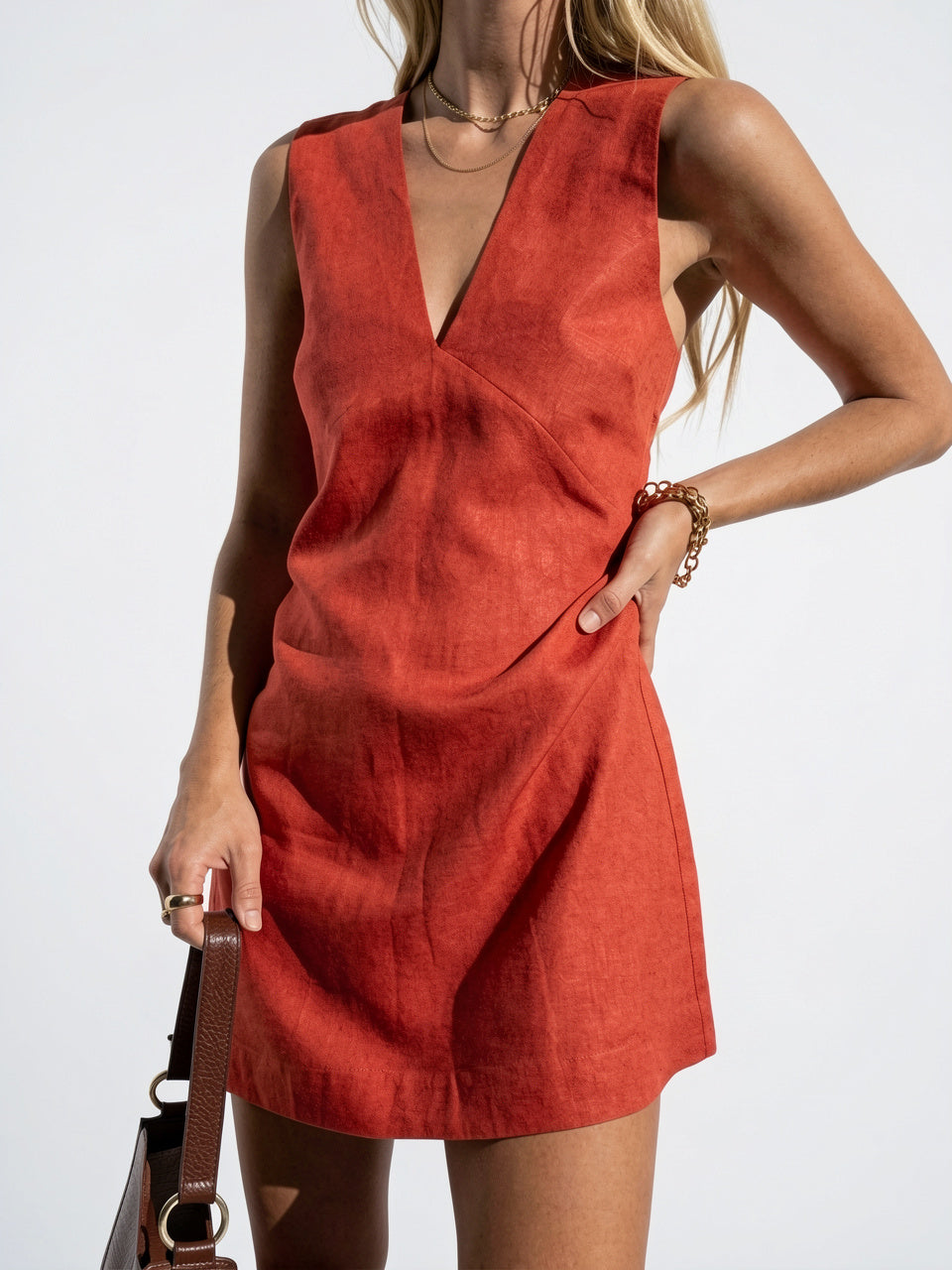 Robe Lin Col V Sans Manches Mini Femme - 13