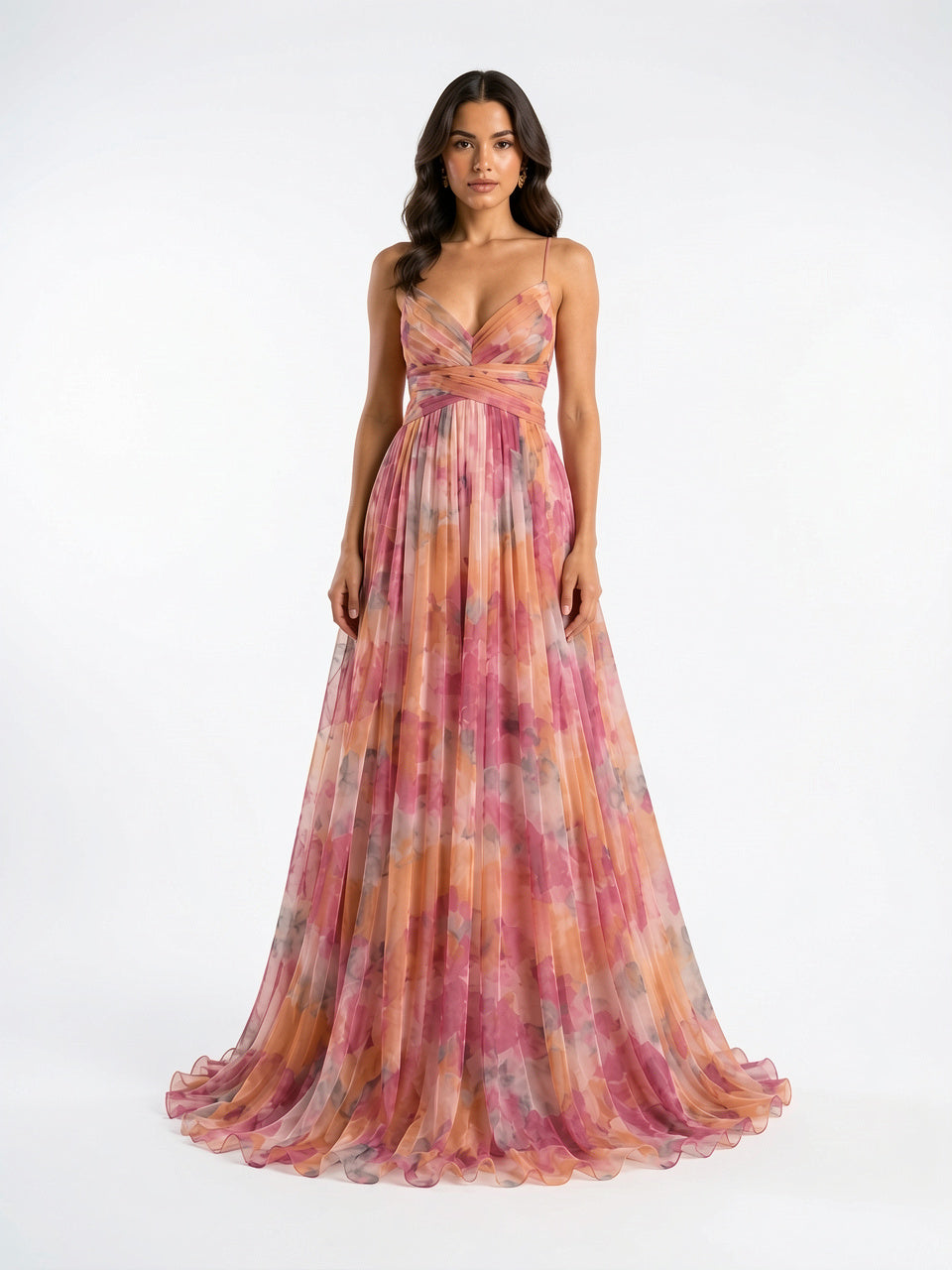 Robe Longue Fleurie Bretelles Réglables Taille Haute Femme - Orange EU 36 / US 4 / UK 8