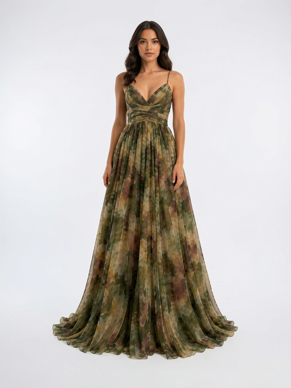 Robe Longue Fleurie Bretelles Réglables Taille Haute Femme - Vert EU 36 / US 4 / UK 8