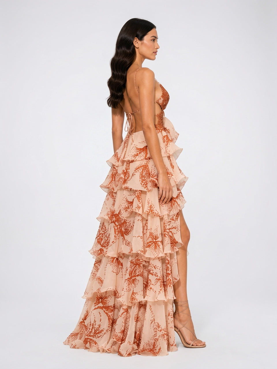Robe Longue Fluide Encolure Bijou Volants Femme - 3