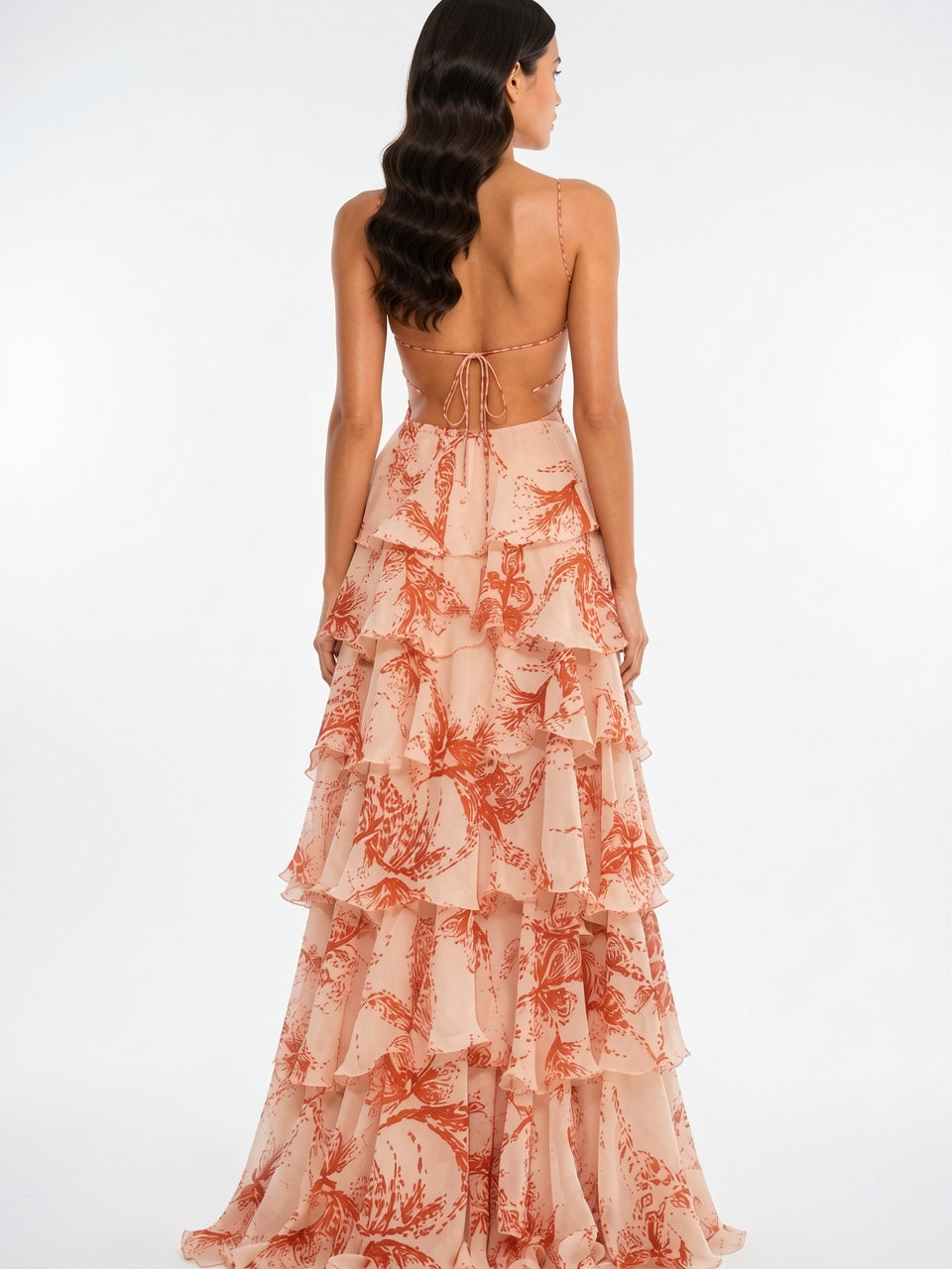 Robe Longue Fluide Encolure Bijou Volants Femme - 4