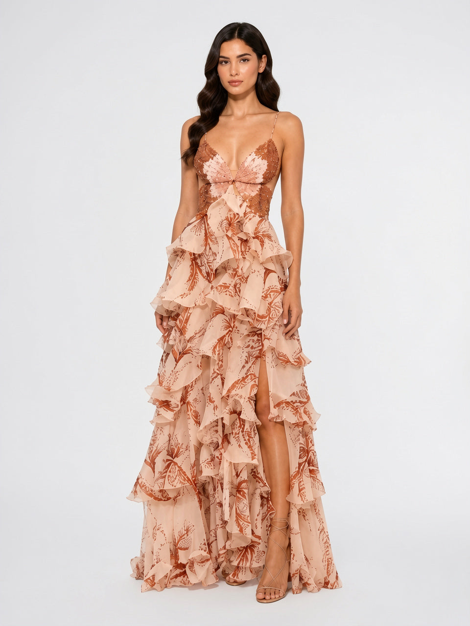 Robe Longue Fluide Encolure Bijou Volants Femme - Rose EU 36 / US 4 / UK 8