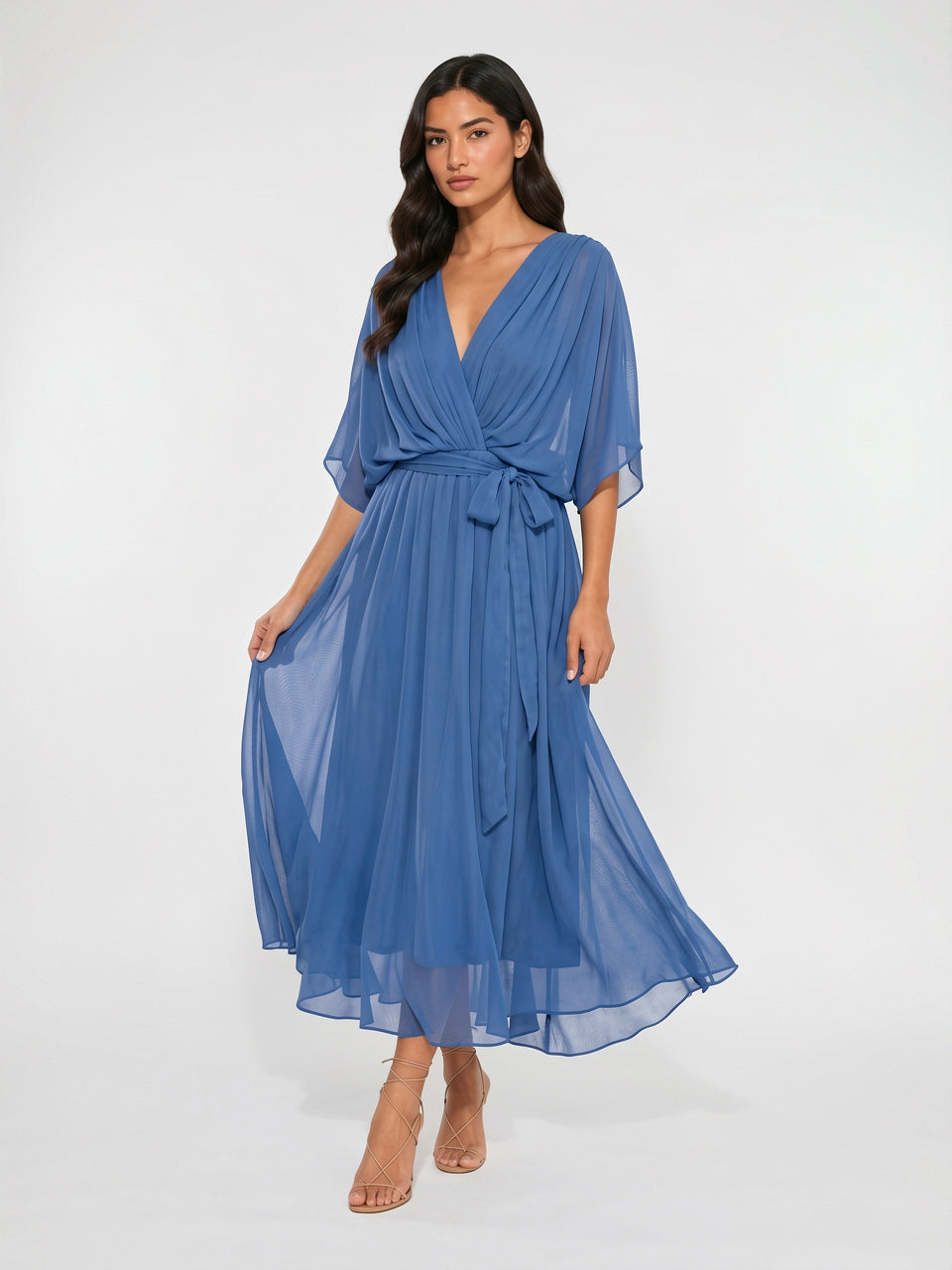 Robe Longue Fluide Mousseline Décolleté V Femme Été - Bleu EU 34 / US 2 / UK 6