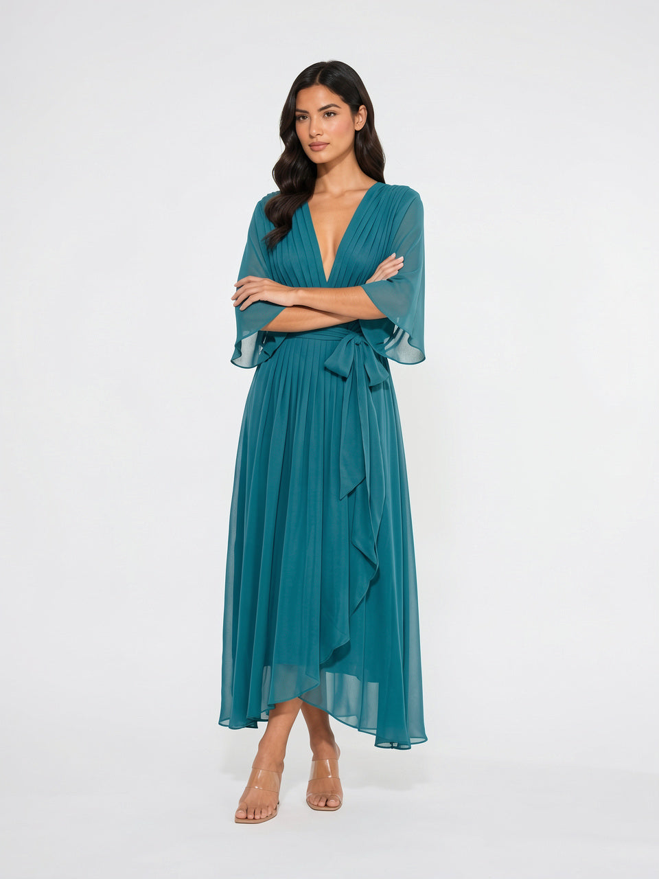 Robe Longue Fluide Mousseline Décolleté V Femme Été - Bleu Marine EU 34 / US 2 / UK 6