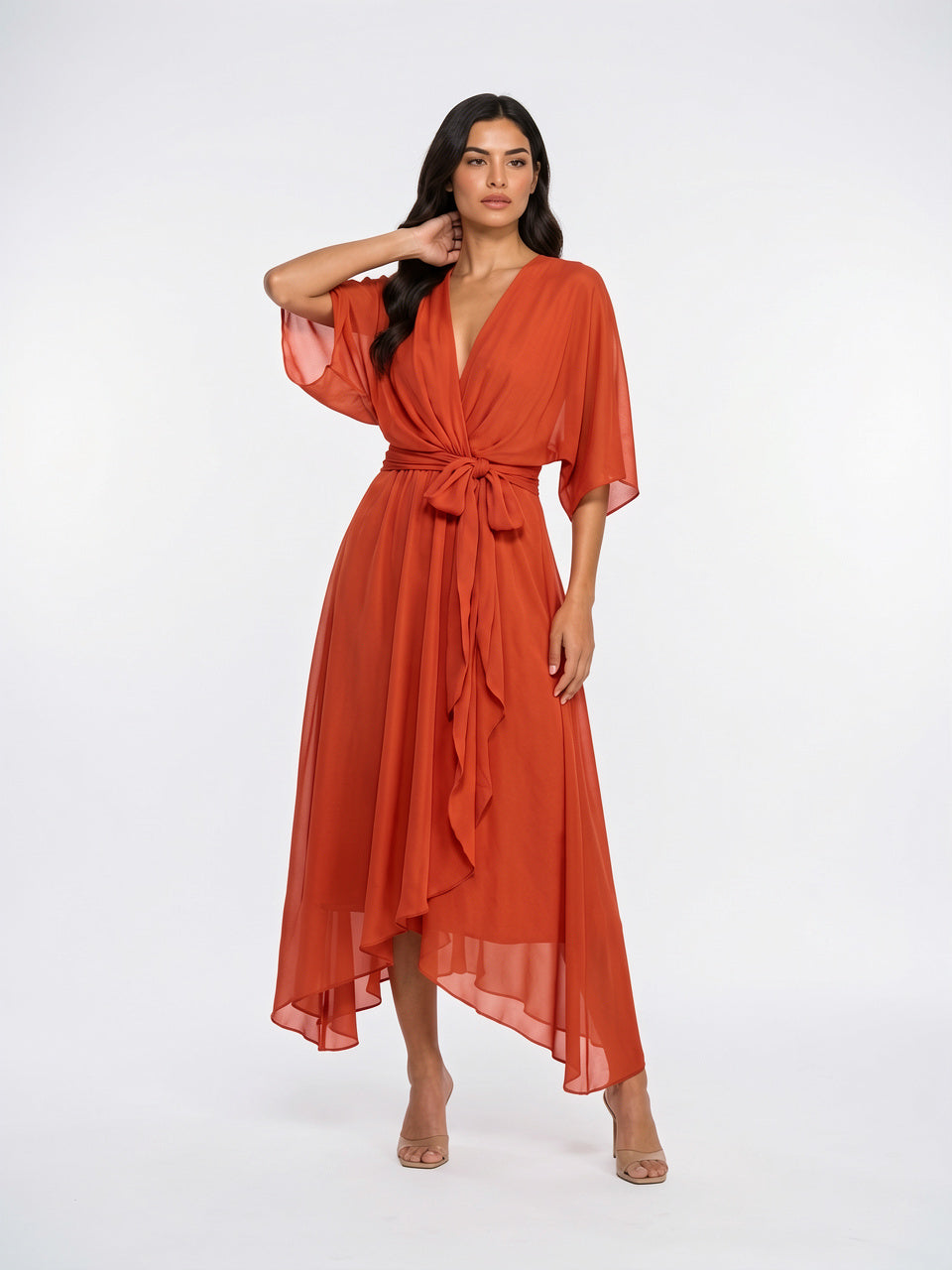 Robe Longue Fluide Mousseline Décolleté V Femme Été - Rouge EU 34 / US 2 / UK 6
