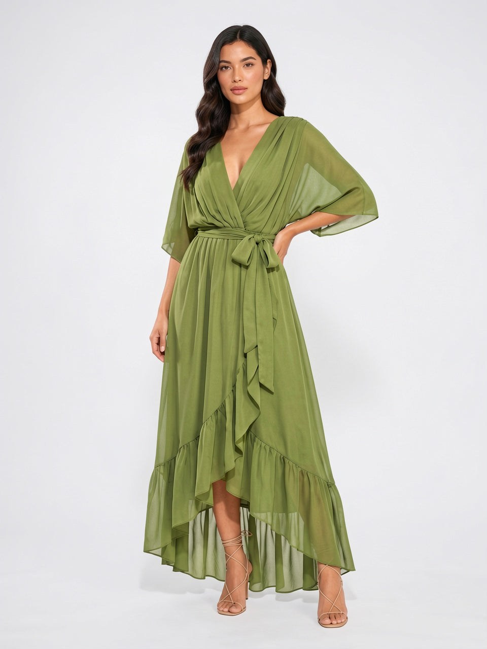 Robe Longue Fluide Mousseline Décolleté V Femme Été - Vert EU 34 / US 2 / UK 6