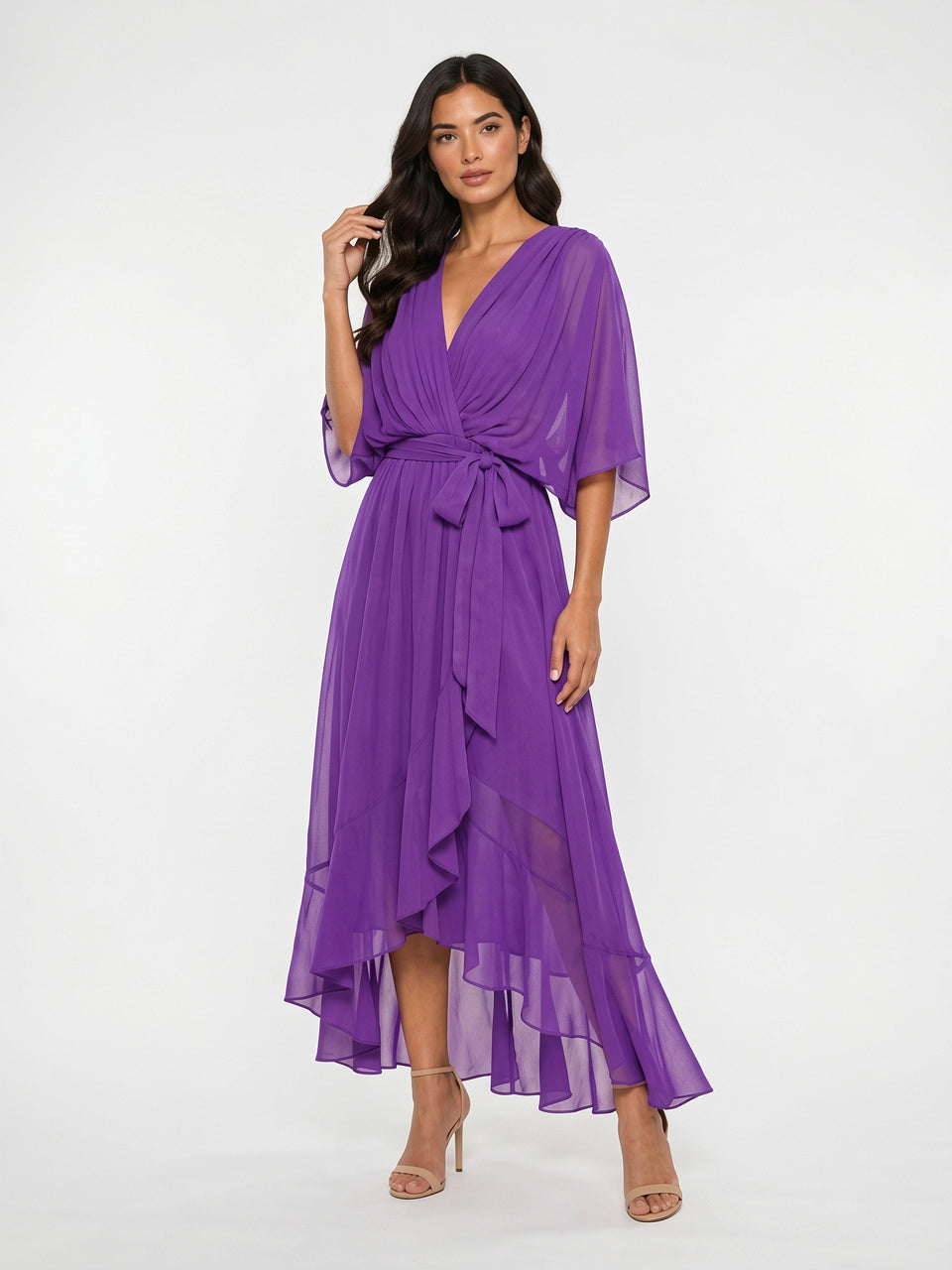 Robe Longue Fluide Mousseline Décolleté V Femme Été - Violet EU 34 / US 2 / UK 6