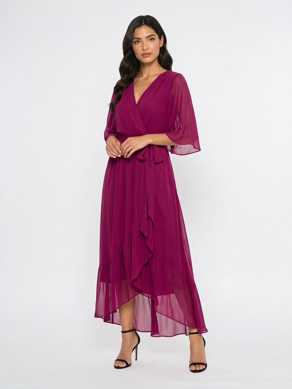 Robe Longue Fluide Mousseline Décolleté V Femme Été - Violet Foncé EU 34 / US 2 / UK 6