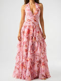 Robe Longue Halter Volant Fluide Fleurie - Rose EU 34 / US 2 / UK 6