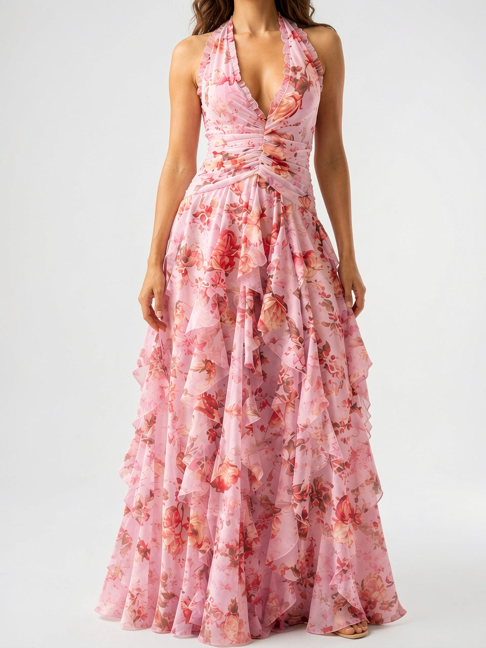 Robe Longue Halter Volant Fluide Fleurie - Rose EU 34 / US 2 / UK 6