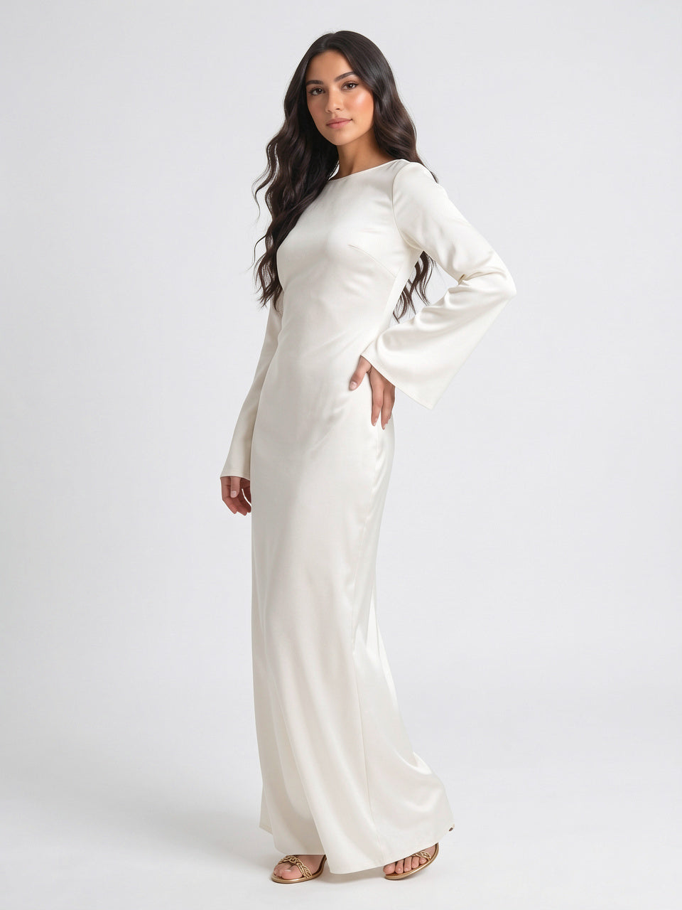 Robe Longue Manches Cloche Col Bateau Maxi Femme - 5